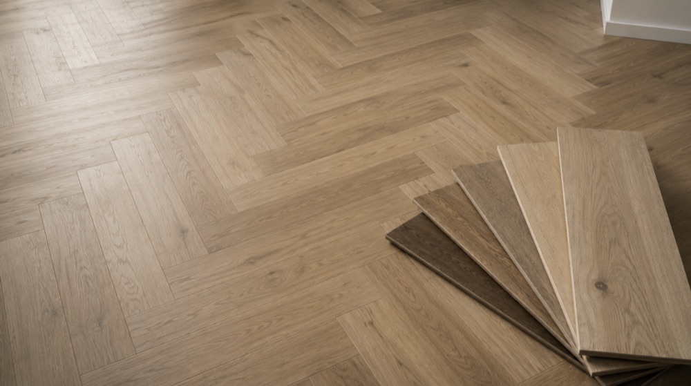 Parkettboden im Herringbone-Muster mit Holzmuster-Proben